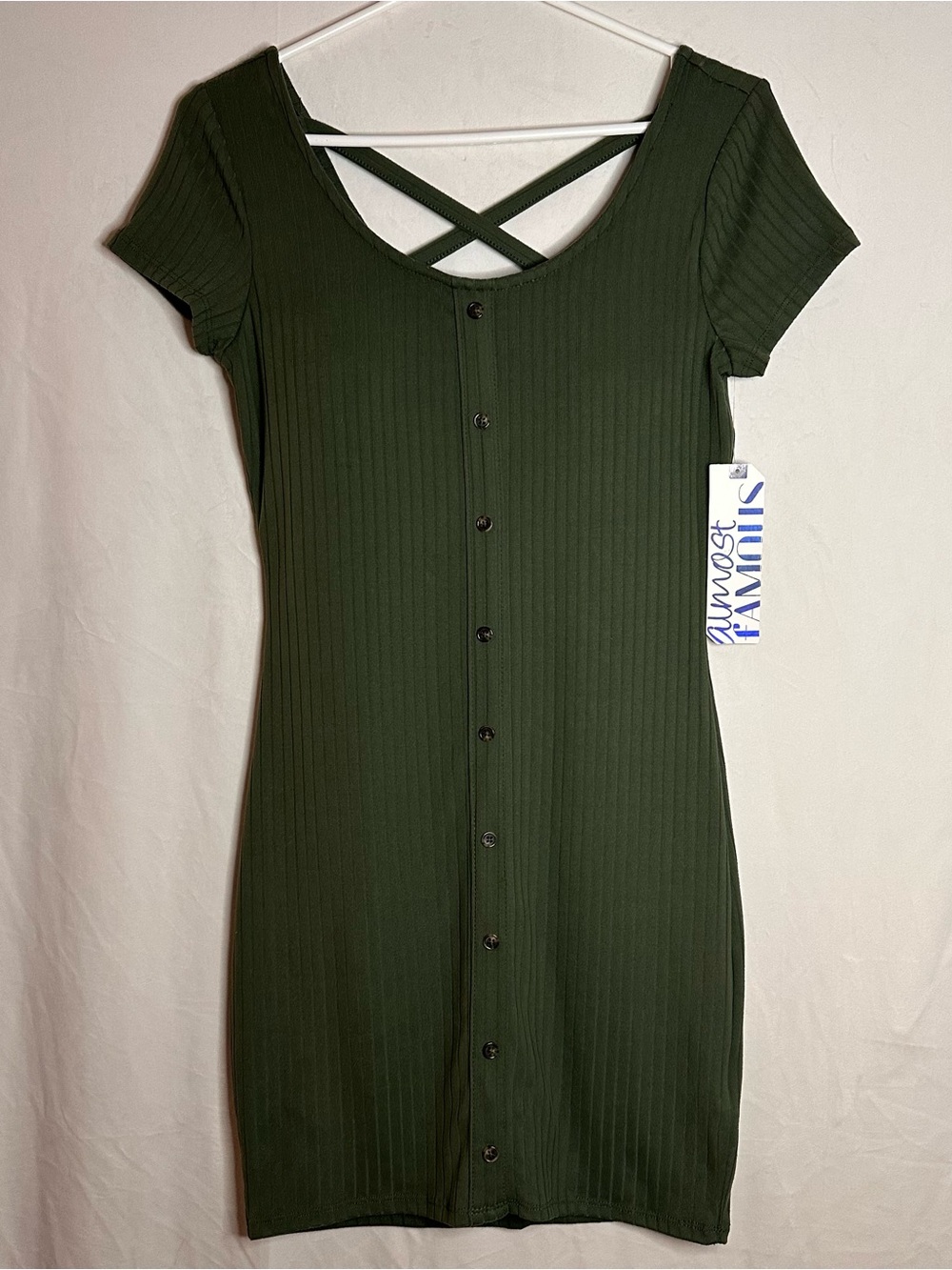 Almost Famous olive green ribbed button front bodycon dress sewn in bra Medium